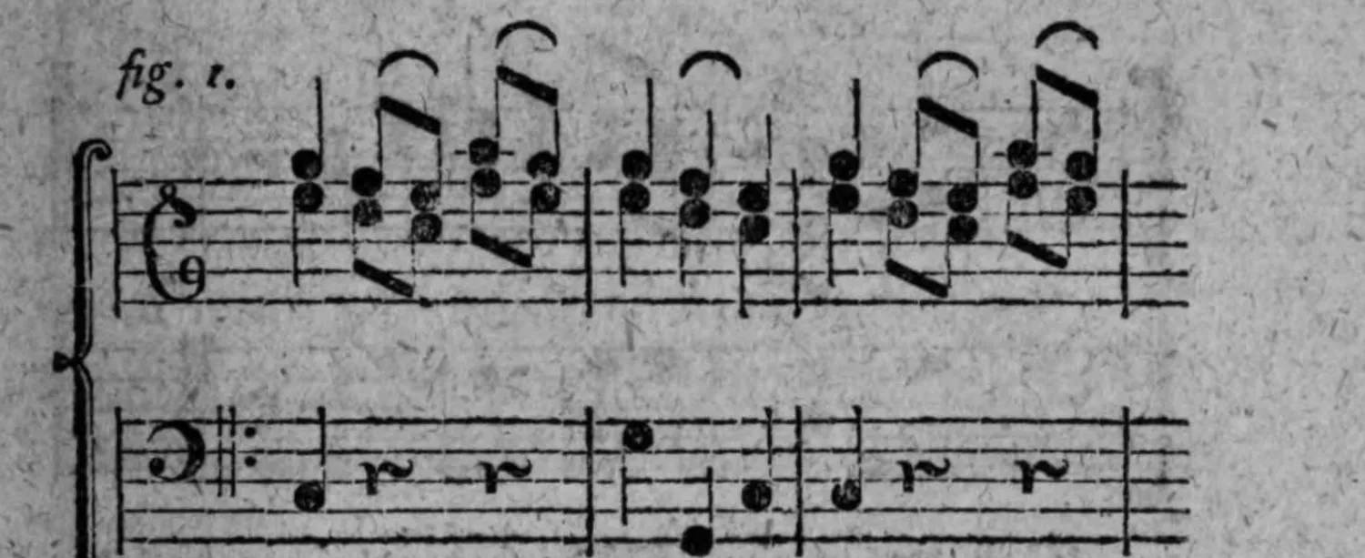 Notenbeyspiel: fig. 1, zweistimmiger Sazz (Diskant und Baß), erstes System (drey Takte), Wiederholung mit denselben melodischen Haupttönen