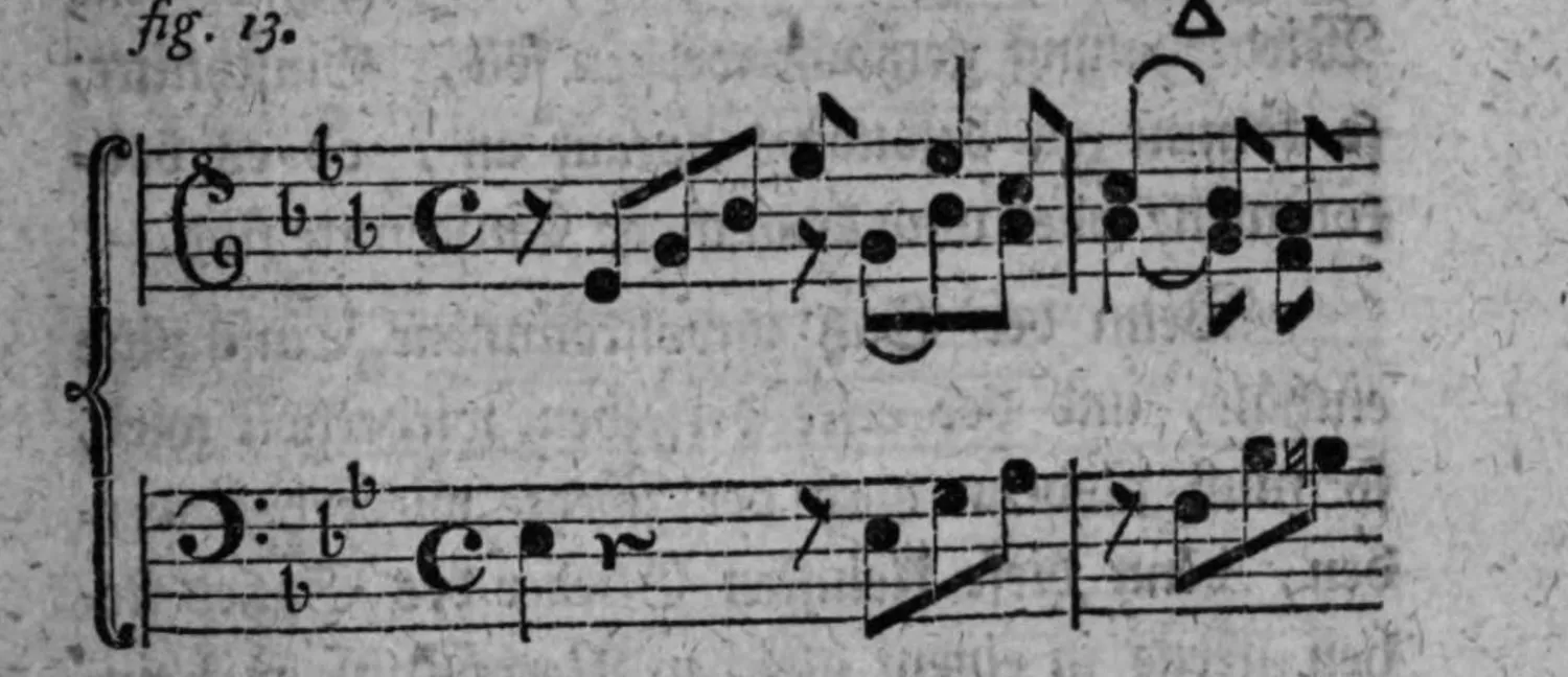 Notenbeyspiel: fig. 13, zweistimmiger Sazz (Diskant und Baß) in b-Moll bzw. mit zwey Vorzeichen, mit Absazz-Zeichen △, erstes Systempaar