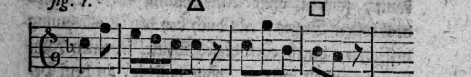 Notenbeyspiel: fig. 1, einstimmige Melodie mit einem Vorzeichen (b), mit Absazz-Zeichen △ und Einschnitt-Zeichen □, erstes System
