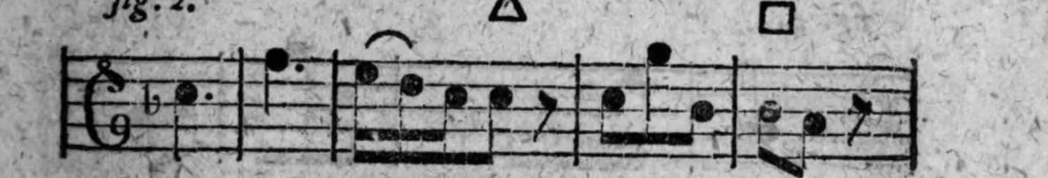 Notenbeyspiel: fig. 2, einstimmige Melodie, mit Absazz-Zeichen △ und Einschnitt-Zeichen □, erstes System