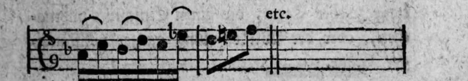 Notenbeyspiel: fig. 6, Fortsetzung, mit »etc.« beschriftet und Doppelstrich, danach leeres System