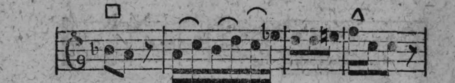 Notenbeyspiel: fig. 7, Fortsetzung, mit Einschnitt-Zeichen □ und Absazz-Zeichen △, zweites System