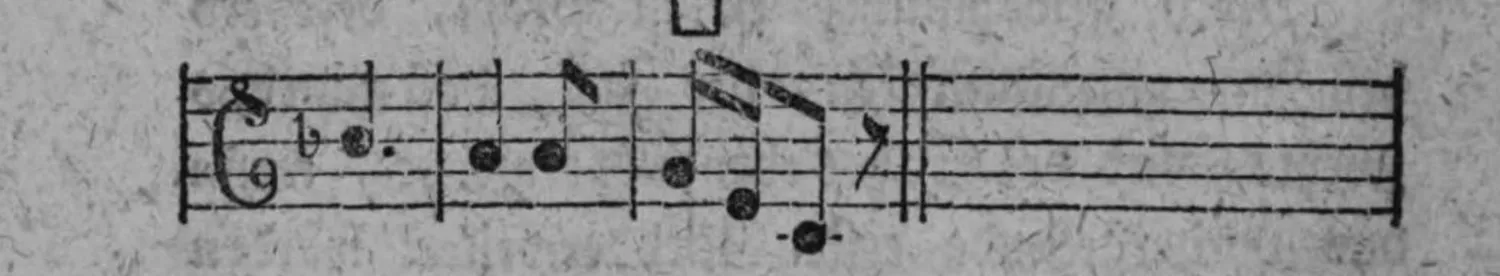 Notenbeyspiel: fig. 7, Fortsetzung, mit Einschnitt-Zeichen □, drittes (abschließendes) System, endet mit Doppelstrich