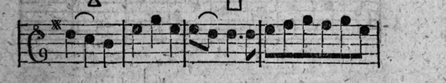 Notenbeyspiel: fig. 1, Fortsetzung, mit Absazz-Zeichen △, Einschnitt-Zeichen □ und demselben verzierenden Zeichen zu Beginn, zweites System