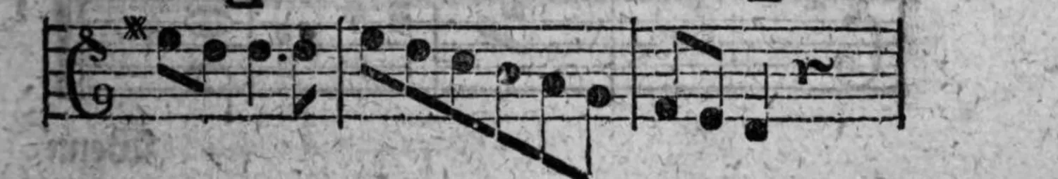 Notenbeyspiel: fig. 1, Fortsetzung, mit Absazz-Zeichen △, Einschnitt-Zeichen □ und demselben verzierenden Zeichen zu Beginn, drittes System (Fortsetzung auf der folgenden Seite)
