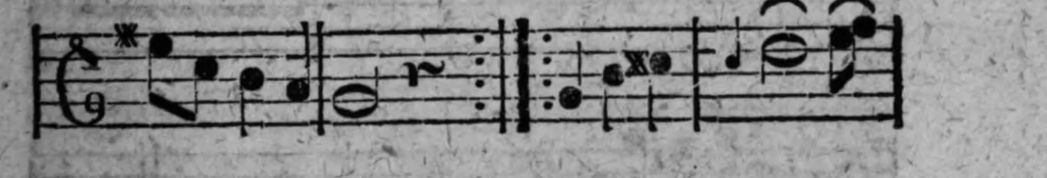 Notenbeyspiel: Menuet, Fortsetzung, drittes System, Ende der ersten Reprise mit Wiederholungszeichen, Beginn der zweyten Reprise