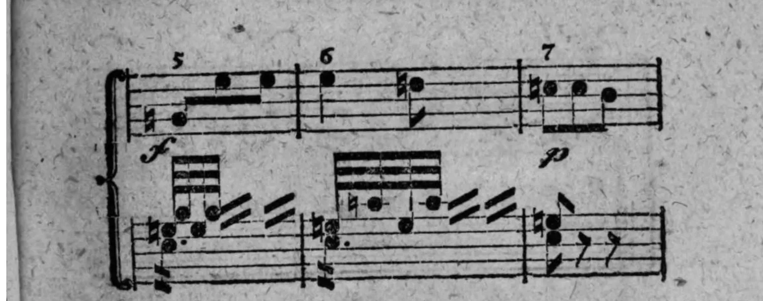 Notenbeyspiel: Tacte 5 bis 7 (neu einsetzende Zählung), mit »f«- und »p«-Dynamikbezeichnungen