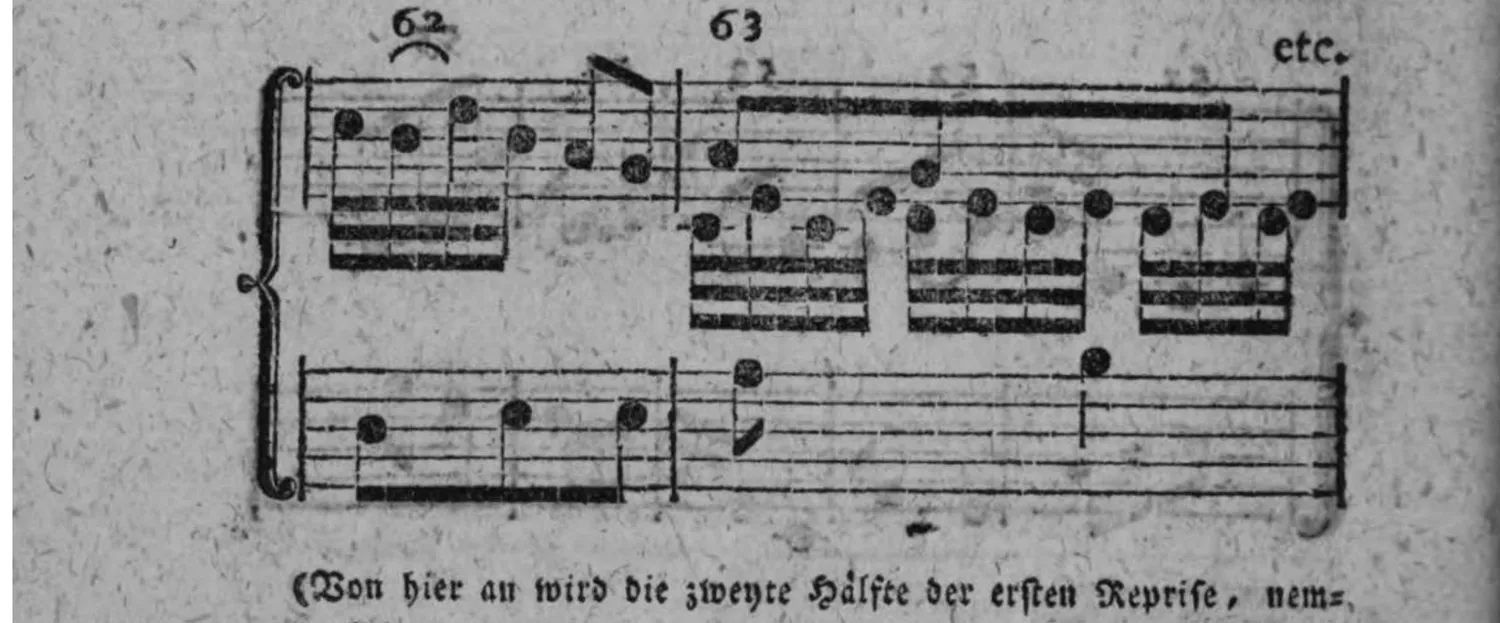 Notenbeyspiel: Fortsetzung, Tacte 62 und 63 mit Ziffern bezeichnet, über Tact 62 ein Bogen (◡), am Ende »etc.«