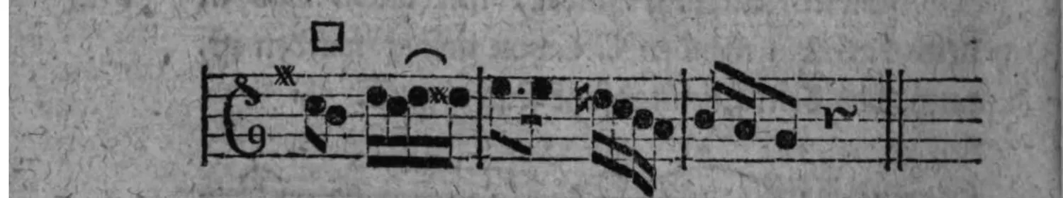 Notenbeyspiel: fig. 1, zweytes (abschließendes) System mit Fermate und Doppelstrich, darüber ein □-Zeichen