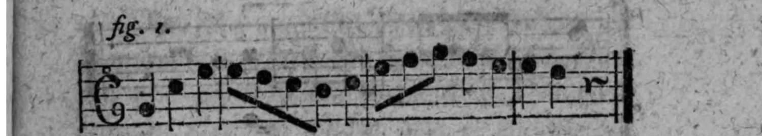 Notenbeyspiel: fig. 1, einstimmiges (einzeiliges) System mit Doppelstrich am Ende