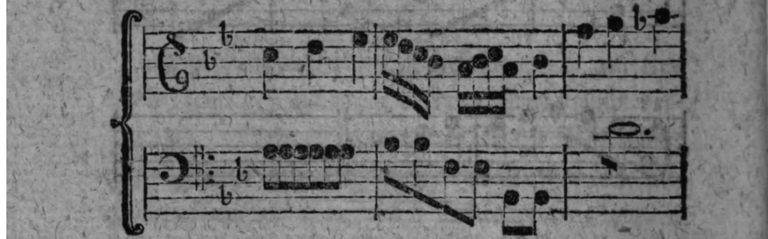 Notenbeyspiel: fig. 4, zweisystemig (Diskant und Baß), nach Vorzeichen in b-Tonart transponiert, erste Tacte