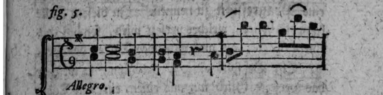 Notenbeyspiel: fig. 5, zweisystemig (Diskant und Baß), »Allegro«, erste Tacte