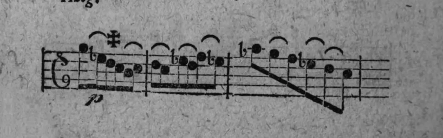 Notenbeyspiel: fig. 4, zweytes System, mit Bögen (⌒), einem Kreuzzeichen (✠) und »p« (piano) (ohne Abschluß, Fortsetzung auf der folgenden Seite)