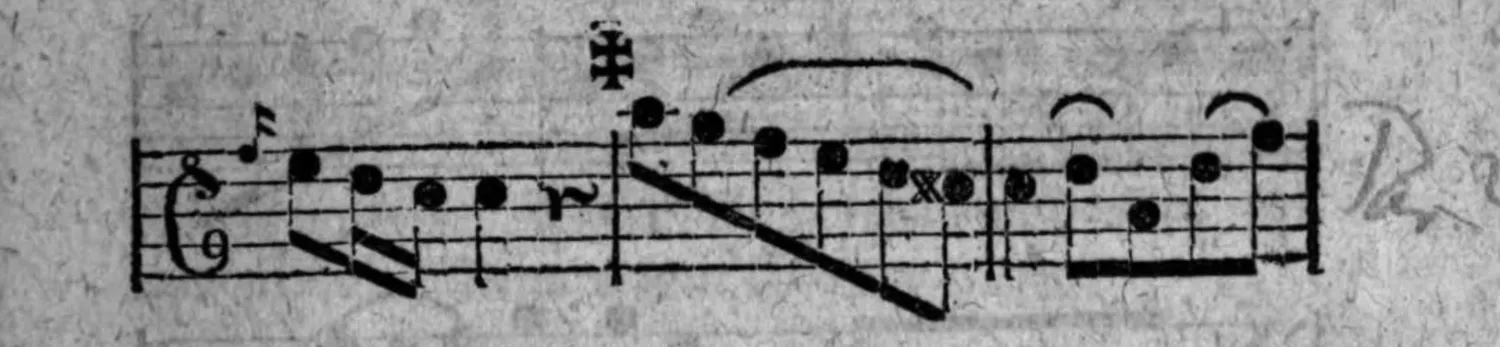 Notenbeyspiel: fig. 5, zweytes System, mit Kreuzzeichen (✠) und Kreuznotenkopf (×)