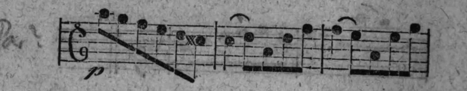 Notenbeyspiel: fig. 6, zweytes System, mit »p« (piano) und Kreuznotenkopf (×)