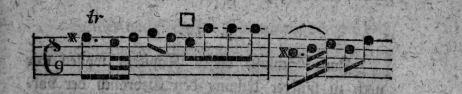Notenbeyspiel: zweytes System, mit »tr« (Triller), Quadratzeichen (□) und Kreuznotenkopf (×)