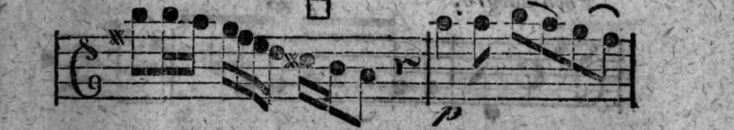 Notenbeyspiel: viertes System, mit sternartigem Zeichen, Quadratzeichen (□), Kreuznotenkopf (×) und »p« (piano)
