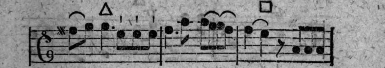 Notenbeyspiel: fünftes System, mit sternartigem Zeichen, Dreieckszeichen (△) und Quadratzeichen (□)