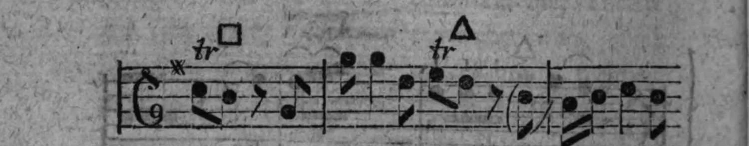 Notenbeyspiel: zweytes System, mit sternartigem Zeichen, »tr« (Triller, zweymal), Quadratzeichen (□) und Dreieckszeichen (△)