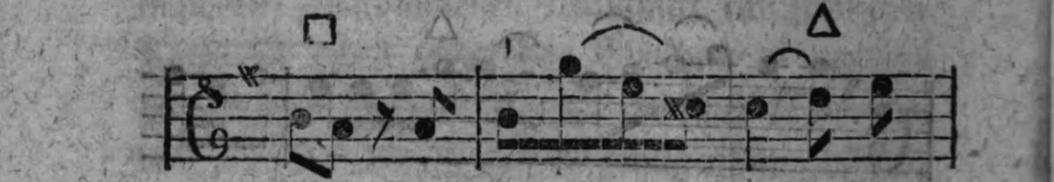 Notenbeyspiel: drittes System, mit sternartigem Zeichen, Quadratzeichen (□), zwey Dreieckszeichen (△) und Kreuznotenkopf (×)