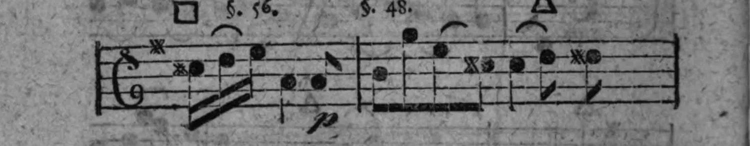 Notenbeyspiel: achtes System, mit sternartigem Zeichen, den Bezeichnungen »□ §. 56.« und »§. 48.«, sowie »p« (piano) und Dreieckszeichen (△)