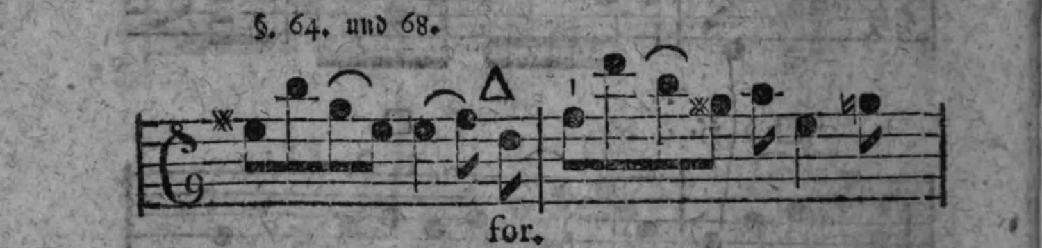 Notenbeyspiel: neuntes System, mit sternartigem Zeichen, der Bezeichnung »§. 64. und 68.«, einer kleinen Ziffer »1«, Dreieckszeichen (△) und »for.« (forte)