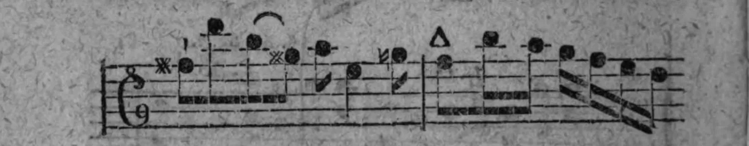 Notenbeyspiel: zehntes System (ohne neue §.-Bezeichnung), mit sternartigem Zeichen, einer kleinen Ziffer »1«, Kreuznotenköpfen (×) und Dreieckszeichen (△)