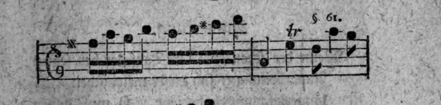 Notenbeyspiel: fünfzehntes System, mit sternartigem Zeichen, einem kleinen sternförmigen Zeichen (✱) und der Bezeichnung »tr §. 61.«