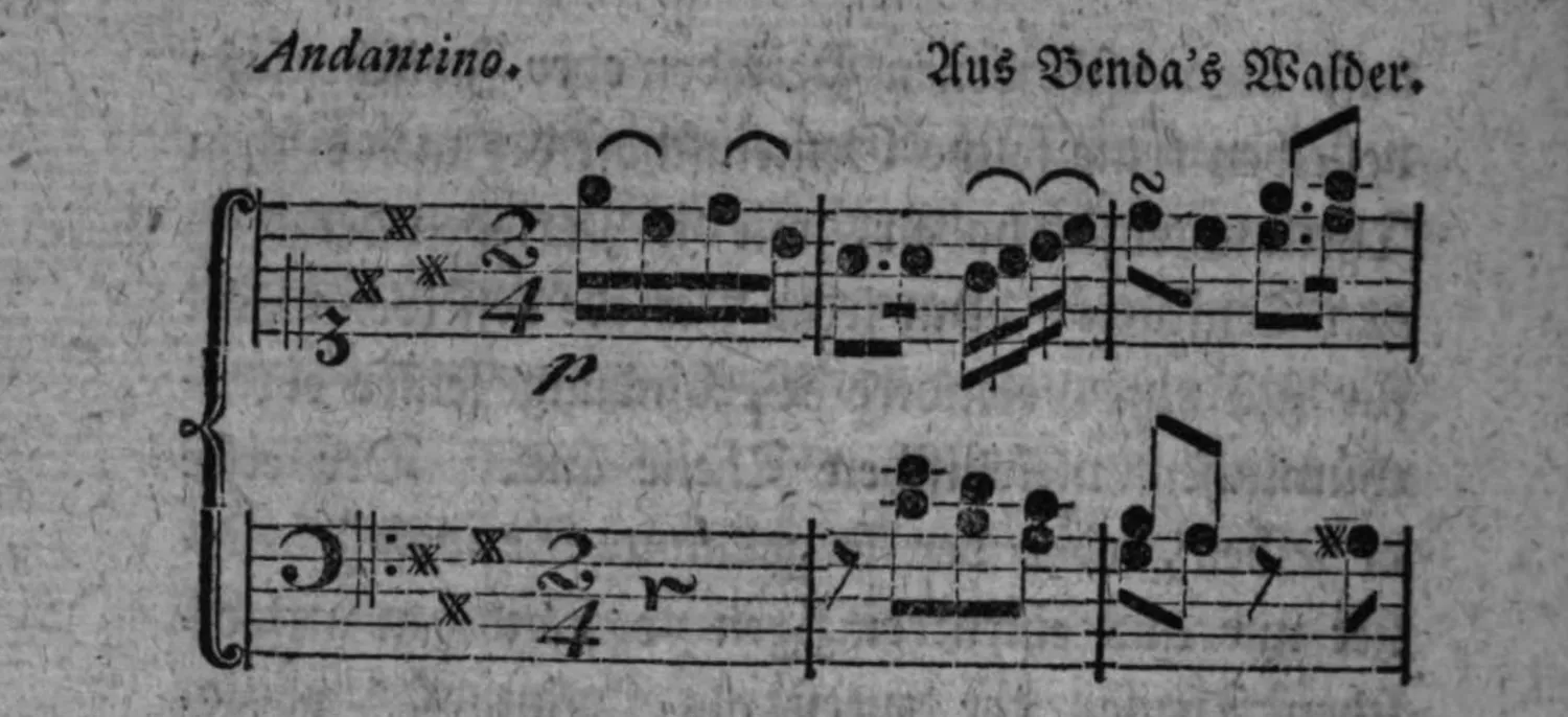 Notenbeyspiel: Rondosazz-Beispiel, System 1 (Andantino, Aus Benda's Walder; zwey Systeme Sopran- und Baßschlüssel, ₵, drey Takte, p)