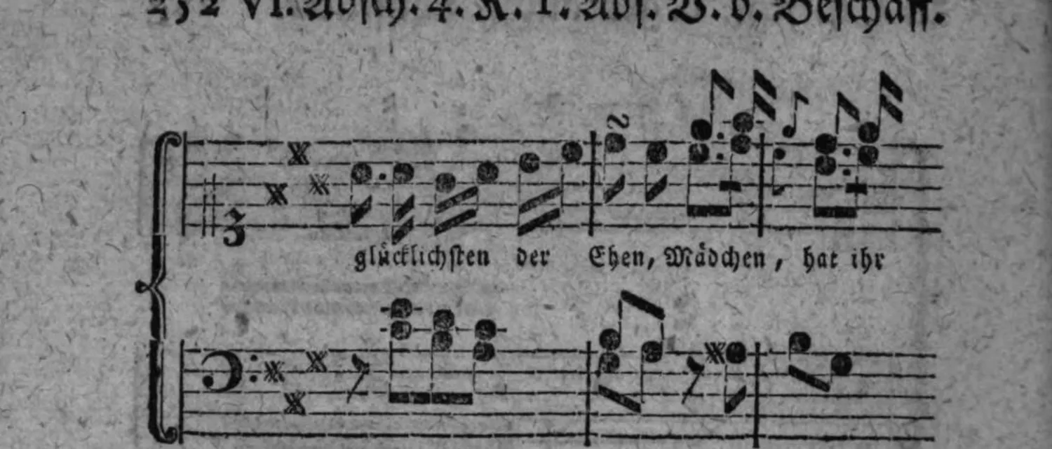 Notenbeyspiel: Liedbeispiel zum Rondo, Fortsetzung, System 1 (mit Textunterlegung »glücklichsten der Ehen, Mädchen, hat ihr«)