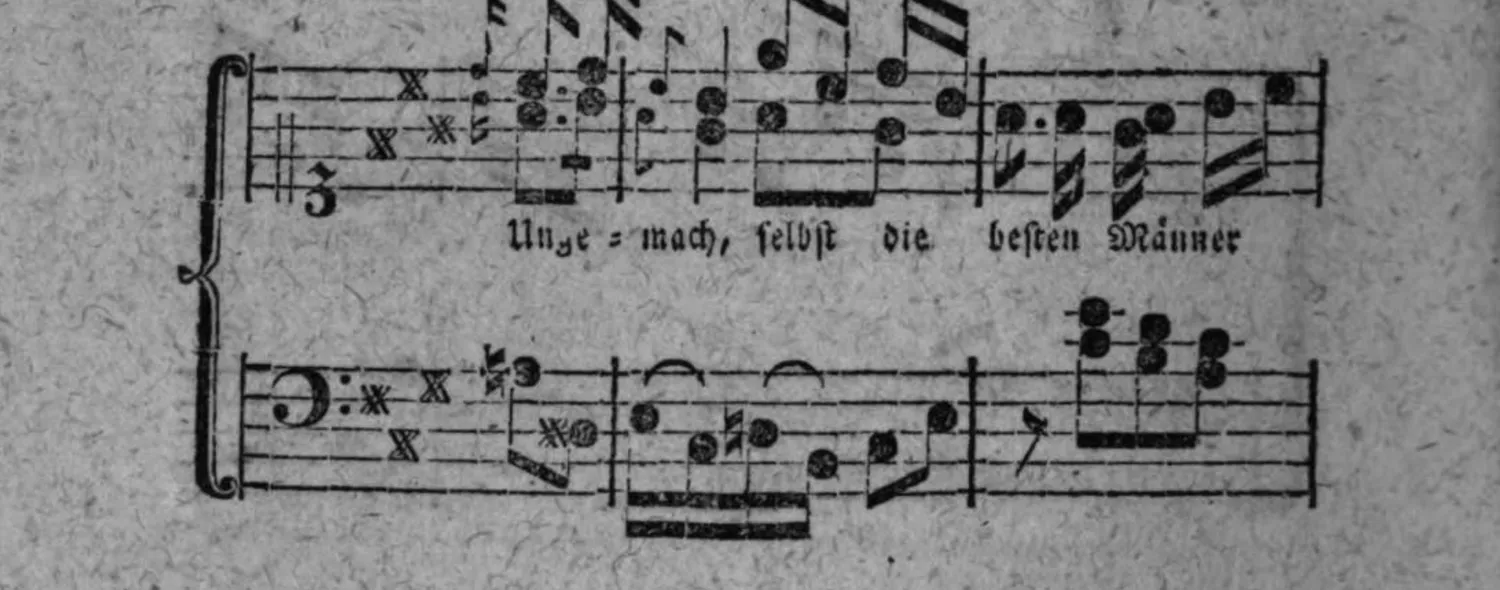 Notenbeyspiel: Liedbeispiel zum Rondo, Fortsetzung, System 2 (mit Textunterlegung »Unge = mach, selbst die besten Männer«)