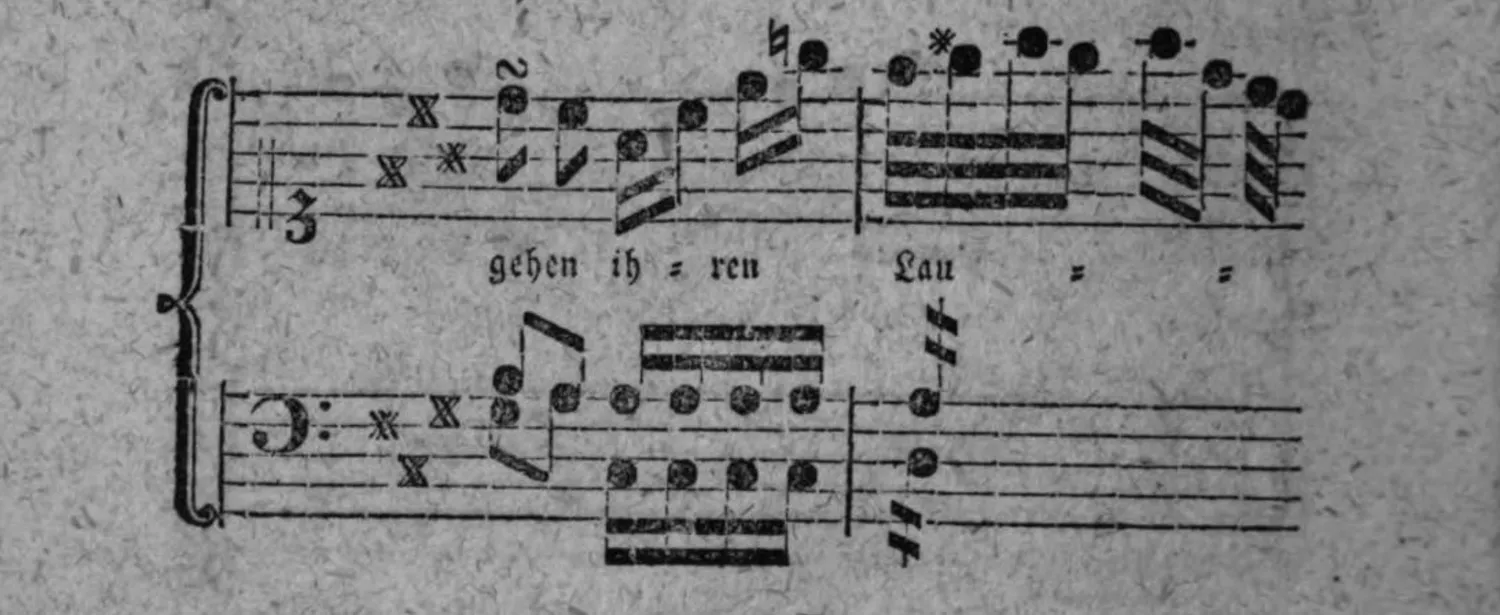Notenbeyspiel: Liedbeispiel zum Rondo, Fortsetzung, System 3 (mit Textunterlegung »gehen ih = ren Lau = =«, Melisma auf der lezten Silbe, Fortsetzung auf der folgenden Seite)