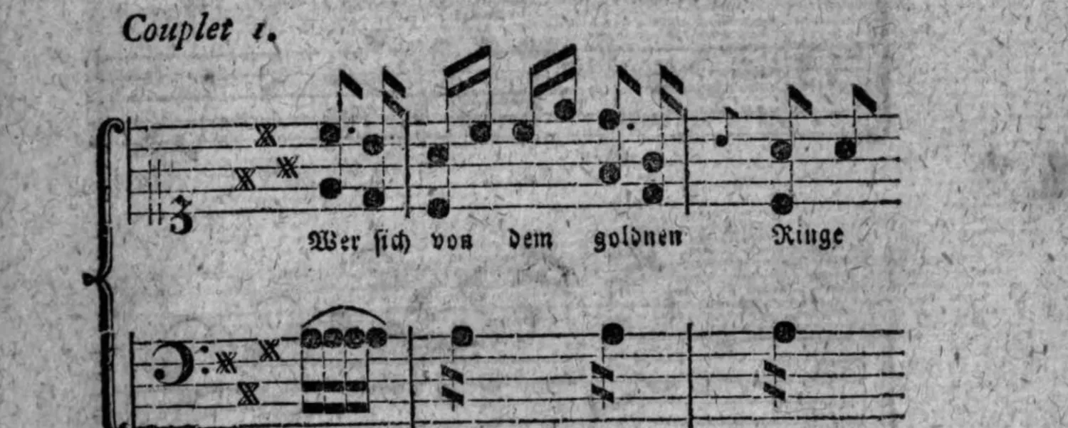 Notenbeyspiel: Couplet 1, System 1 (mit Textunterlegung »Wer sich von dem goldnen Ringe«)