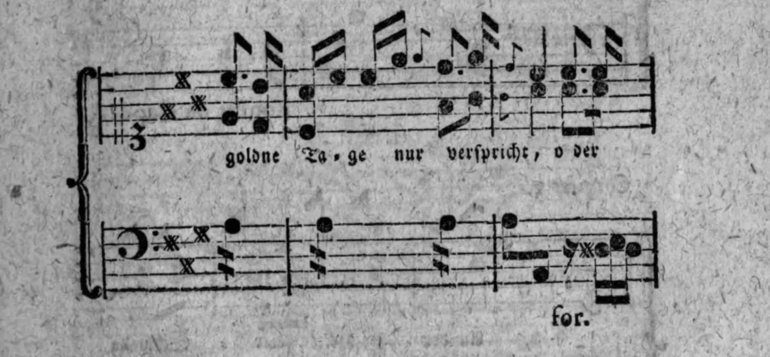 Notenbeyspiel: Couplet 1, Fortsetzung, System 2 (mit Textunterlegung »goldne Ta = ge nur verspricht, o der«, im Baß die Dynamikbezeichnung »for.«)