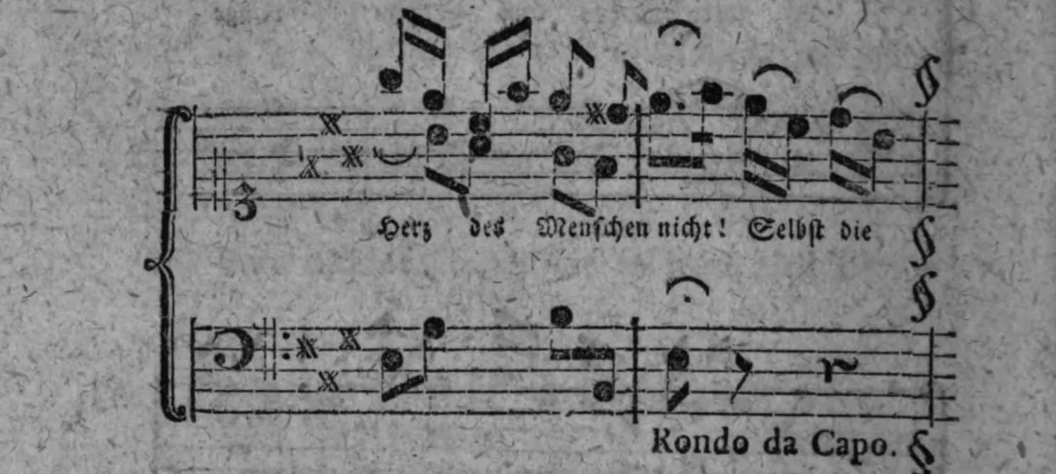Notenbeyspiel: Couplet 1, Schluß, System 4 (mit Textunterlegung »Herz des Menschen nicht! Selbst die«, danach die Anweisung »Rondo da Capo.« mit mehrfachem Wiederholungs-/Segno-Zeichen)