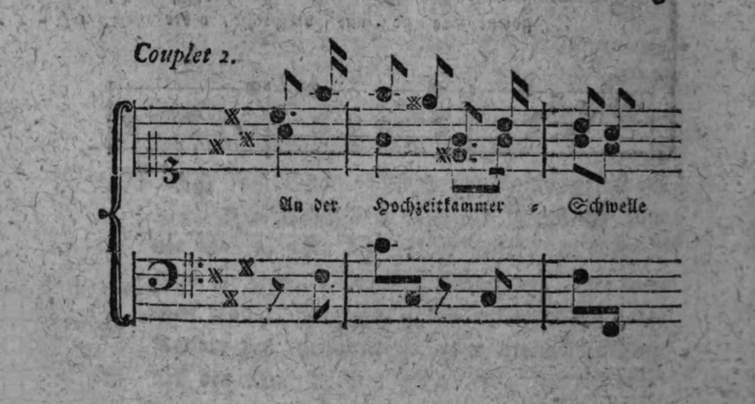 Notenbeyspiel: Couplet 2, System 1 (mit Textunterlegung »An der Hochzeitkammer Schwelle«)
