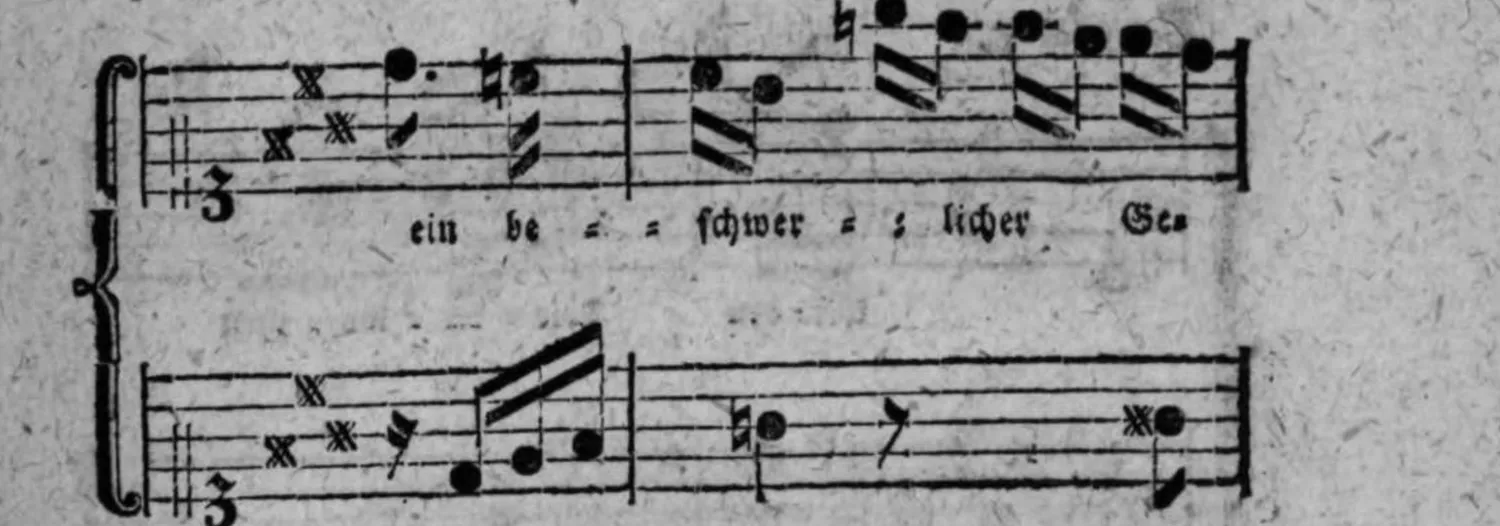 Notenbeyspiel: Couplet 2, Fortsetzung, System 3 (mit Textunterlegung »ein be = = schwer = licher Ge=«)