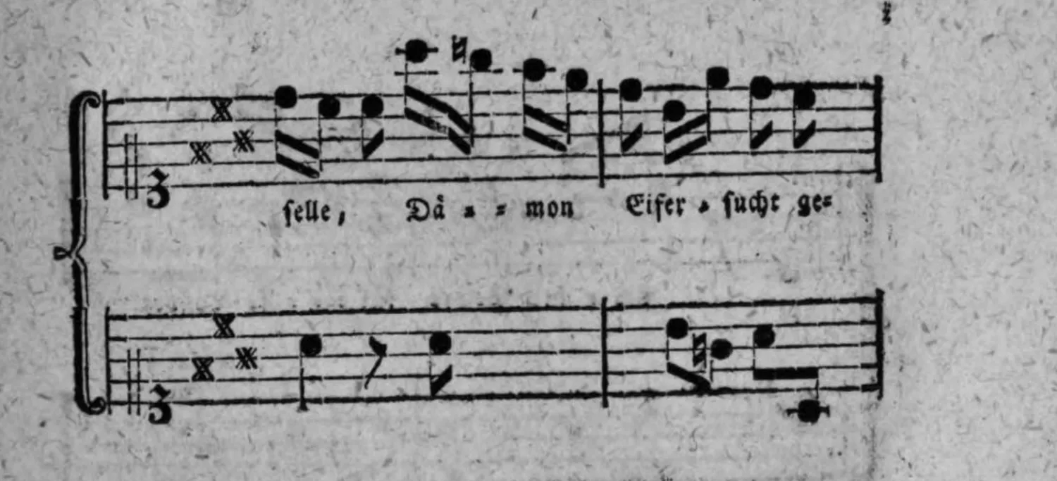 Notenbeyspiel: Couplet 2, Fortsetzung, System 4 (mit Textunterlegung »selle, Dä = = mon Eifer=sucht ge=«)