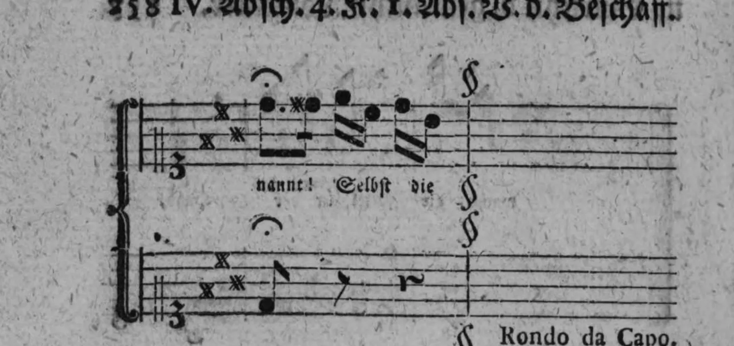 Notenbeyspiel: Couplet 2, Schluß (mit Textunterlegung »nannt! Selbst die«, danach die Anweisung »Rondo da Capo.« mit mehrfachem Wiederholungs-/Segno-Zeichen)