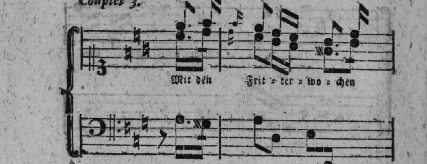 Notenbeyspiel: Couplet 3, System 1, mit neuer Vorzeichnung (zwey Kreuze) (mit Textunterlegung »Mit den Frit = ter = wo = chen«)