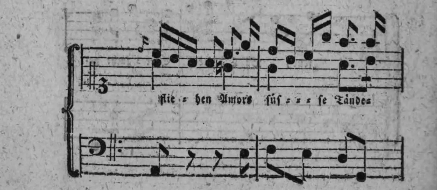 Notenbeyspiel: Couplet 3, Fortsetzung, System 2 (mit Textunterlegung »flie = hen Amors süß = = = se Tände=«)