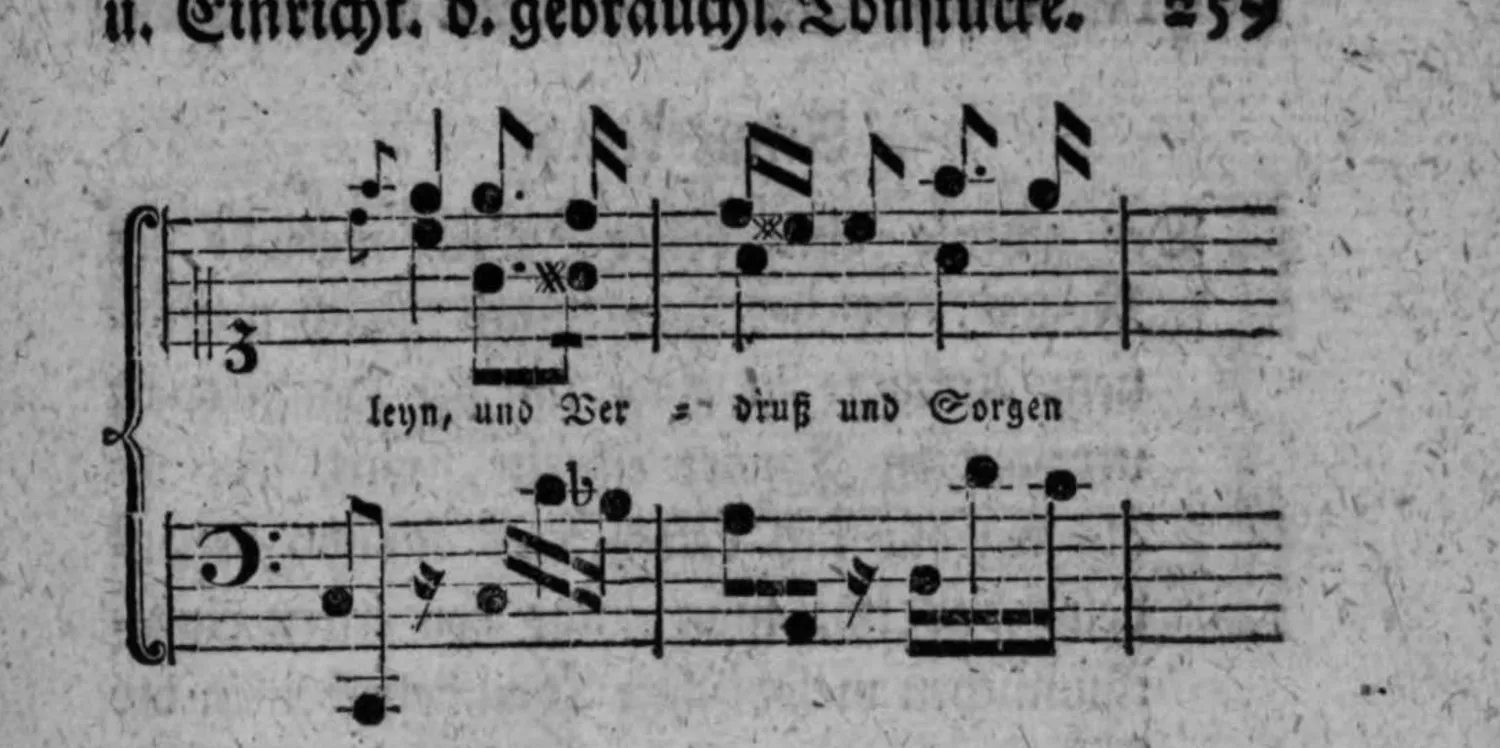 Notenbeyspiel: Couplet 3, Fortsetzung, System 3 (mit Textunterlegung »leyn, und Ver = druß und Sorgen«)