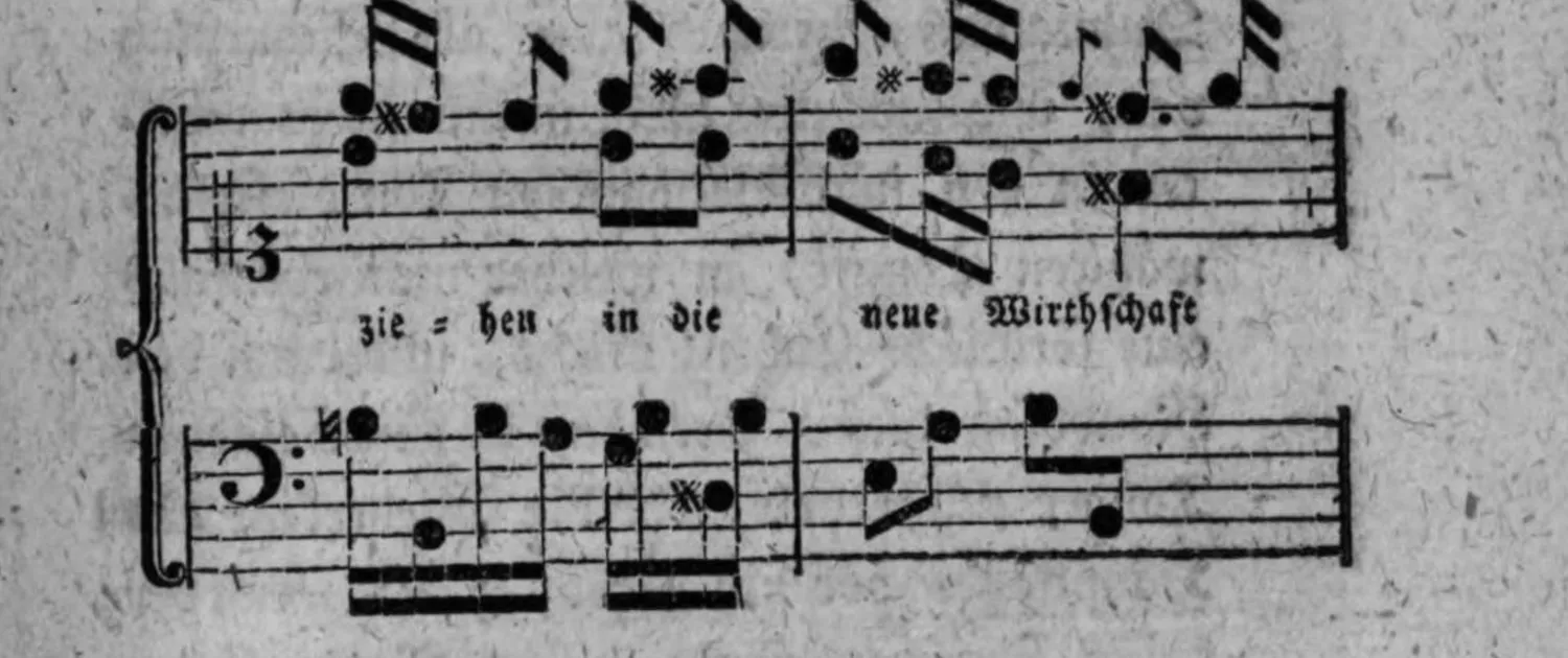 Notenbeyspiel: Couplet 3, Fortsetzung, System 4 (mit Textunterlegung »zie = hen in die neue Wirthschaft«)