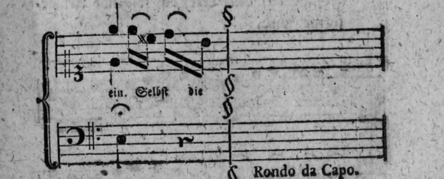 Notenbeyspiel: Couplet 3, Schluß (mit Textunterlegung »ein. Selbst die«, danach die Anweisung »Rondo da Capo.« mit mehrfachem Wiederholungs-/Segno-Zeichen)