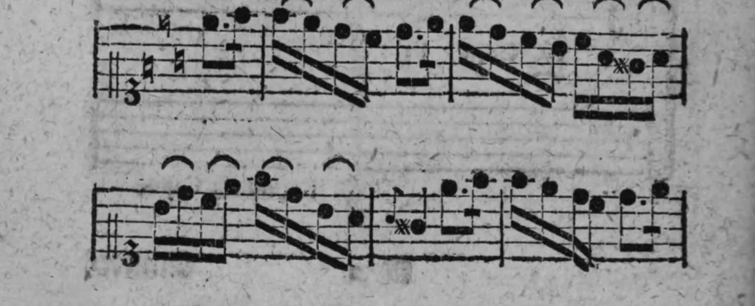 Notenbeyspiel: einstimmiges Beyspiel zur Anmerkung (Umformung des dritten Zwischenperioden als eigenständiges kleines Rondo), zwey Systeme ohne Baßstimme, mit Bogen (Legatobögen) über den Notengruppen
