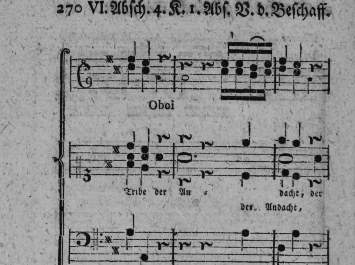 Notenbeyspiel: Fortsetzung der Partitur; oberes System nun mit »Oboi« bezeichnet (Oboenstimme statt Violini), darunter Sop. Alt. et Tenor mit zwey übereinander gesezten Textzeilen (»Tribe der An = dacht, der« und, versetzt, »der Andacht,«, zwey rhythmisch unterschiedliche Stimmführungen auf demselben System), und Basso e Fondam.