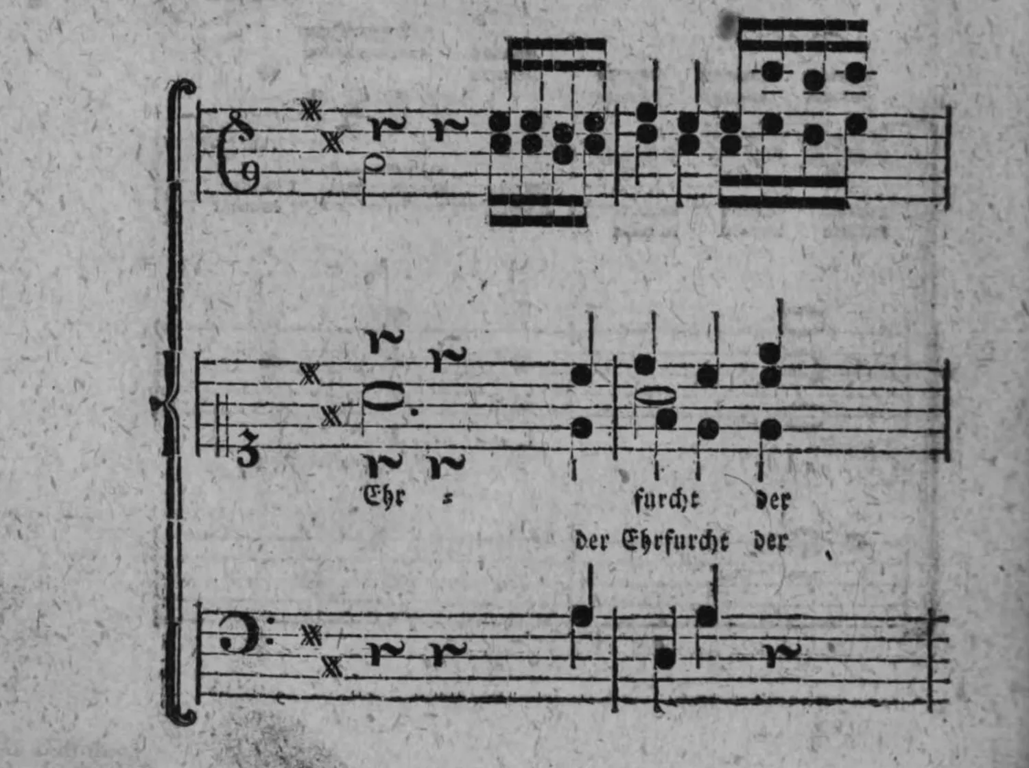 Notenbeyspiel: Fortsetzung der Partitur (Oboi, Sop. Alt. et Tenor mit zwey Textzeilen »Ehr = « / »der Ehrfurcht der« und »furcht der«, Basso e Fondam.)