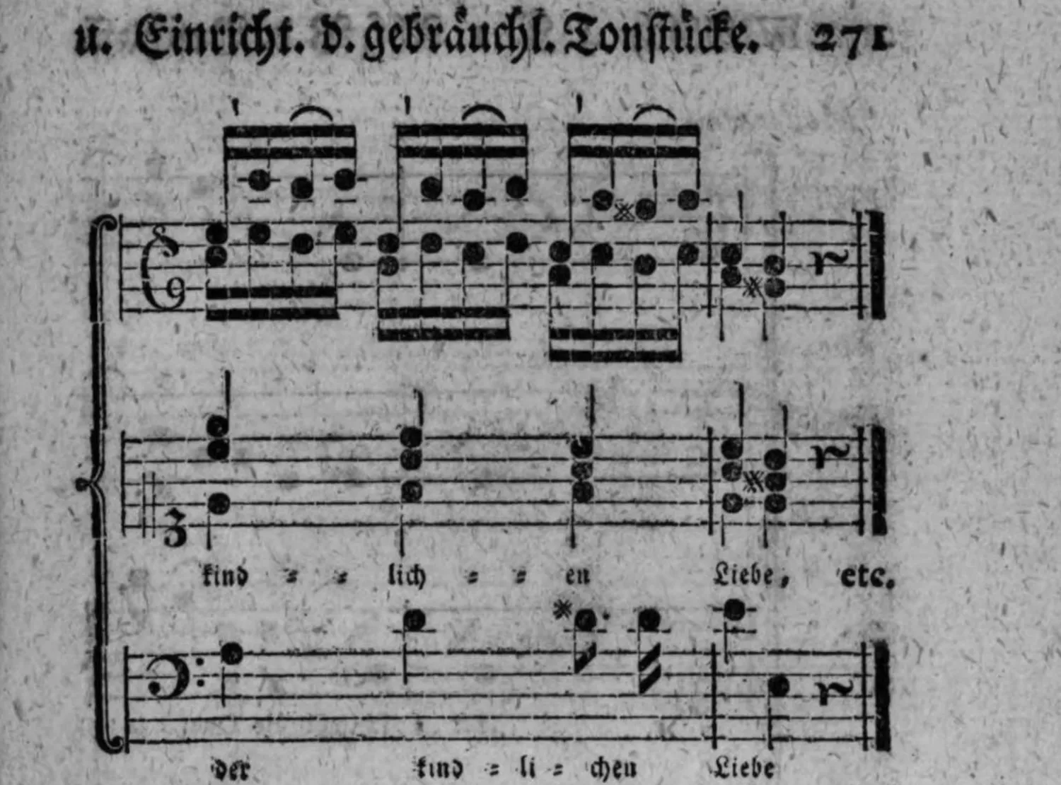 Notenbeyspiel: Schluß des Chorbeyspiels (Oboi, Sop. Alt. et Tenor mit zwey Textzeilen »kind = = lich = = en Liebe, etc.« und, versetzt, »der kind = li = chen Liebe«, Basso e Fondam.), endet mit Doppelstrich