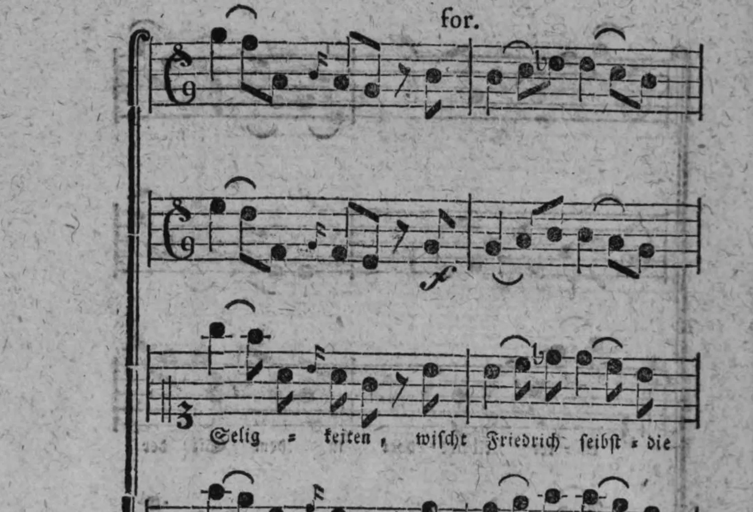 Notenbeyspiel: Fortsetzung der Partitur; Violi 1. (mit »for.«), Violi 2. und Sop. (mit Textunterlegung »Selig = keiten , wischt Friedrich seibst = die«)
