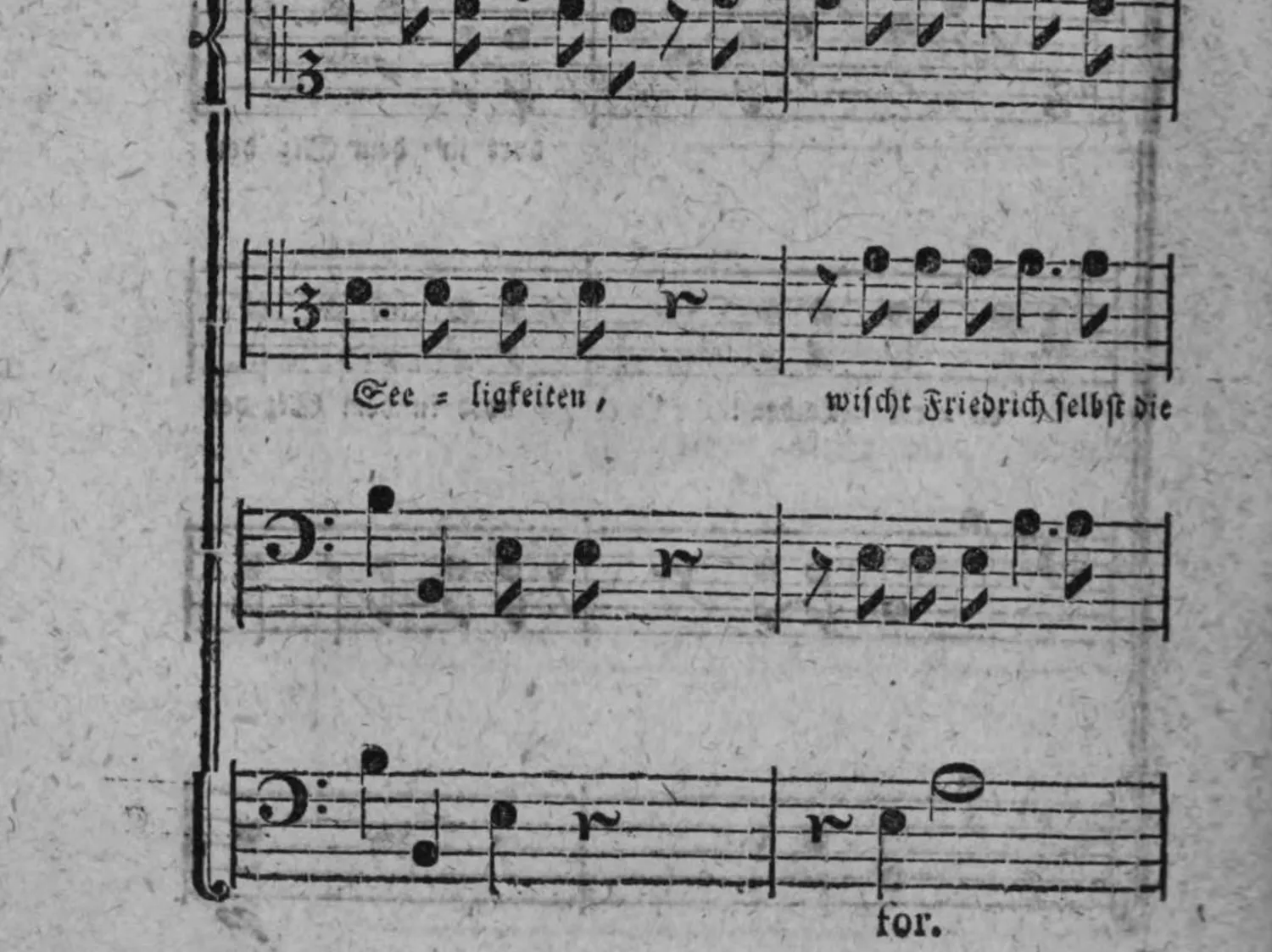 Notenbeyspiel: Fortsetzung der Partitur; Alt., Ten. (mit Textunterlegung »See = ligkeiten , wischt Friedrich selbst die«), Baf. und Fond. (mit »for.« am Schluß)
